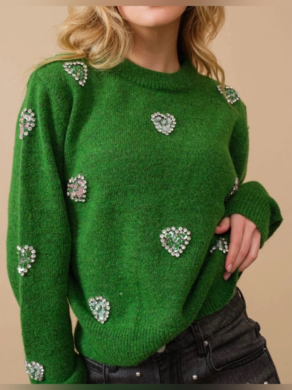 Blue B Green Rhinestone Heart Sweater